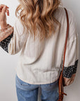 Beige Floral Patchwork Textured Knit Drawstring V Neck Blouse - Toi ‘n’ Moi Ltd