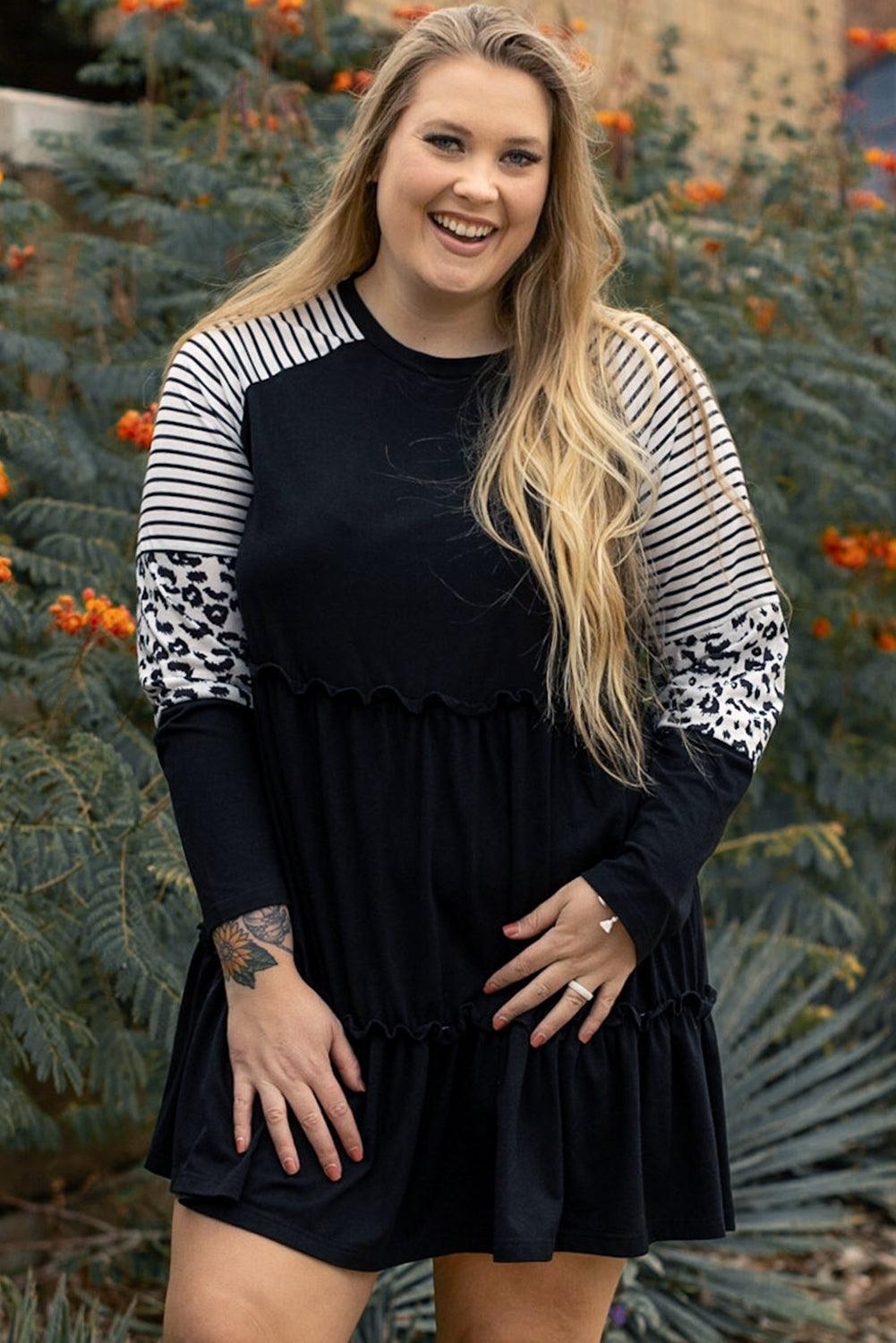 Black Plus Size Striped Leopard Patch Sleeve Ruffle Tiered Dress - Toi ‘n’ Moi Ltd