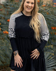 Black Plus Size Striped Leopard Patch Sleeve Ruffle Tiered Dress - Toi ‘n’ Moi Ltd