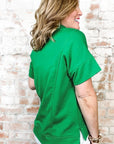 Bright Green Short Sleeve Turn-Down Collar Plus Size Blouse - Toi ‘n’ Moi Ltd