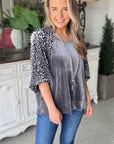 Medium Grey Leopard Splicing Lantern Sleeve Velvet Blouse