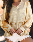 Gold Metallic Frilled V Neck Puff Sleeve Babydoll Blouse