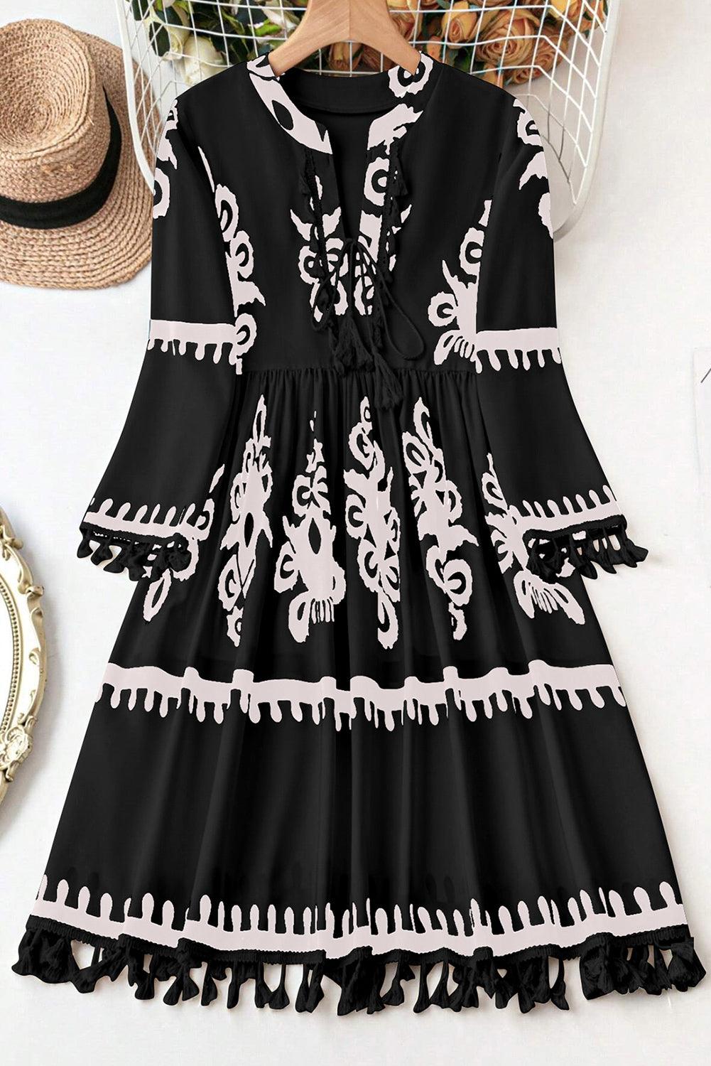 Black Plus Size Western Floral Print Fringed V Neck Dress - Toi ‘n’ Moi Ltd
