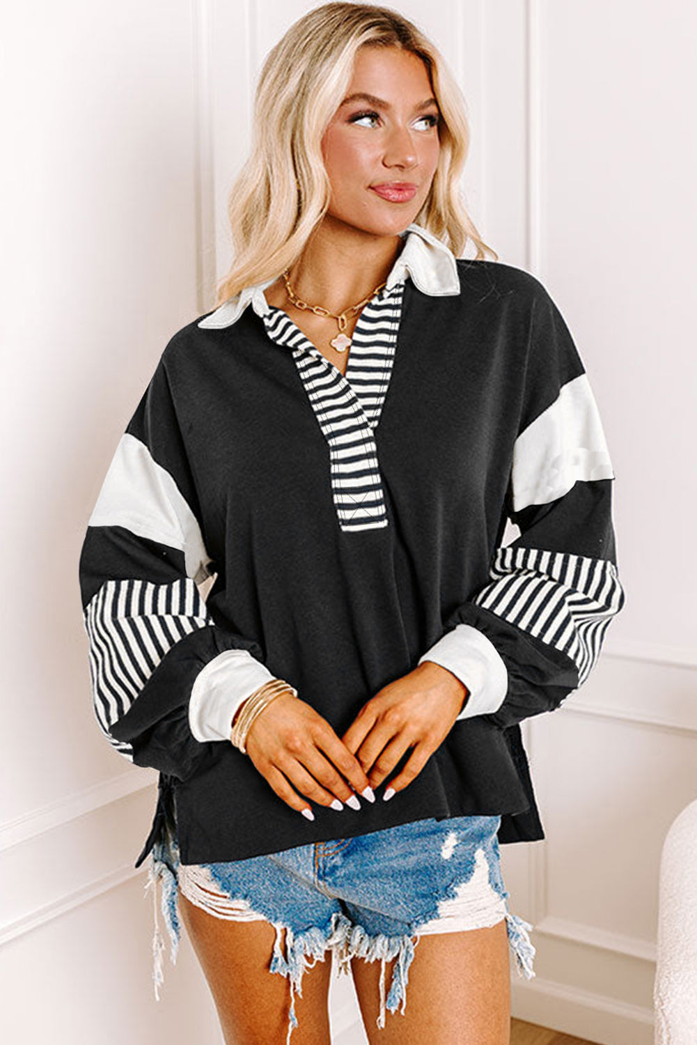 Black Striped Colorblock Patchwork Collar Sweatshirt - Toi ‘n’ Moi Ltd