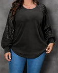 Black Plus Size Sequin Patchwork Crew Neck Long Sleeve Top - Toi ‘n’ Moi Ltd