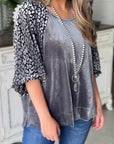 Medium Grey Leopard Splicing Lantern Sleeve Velvet Blouse