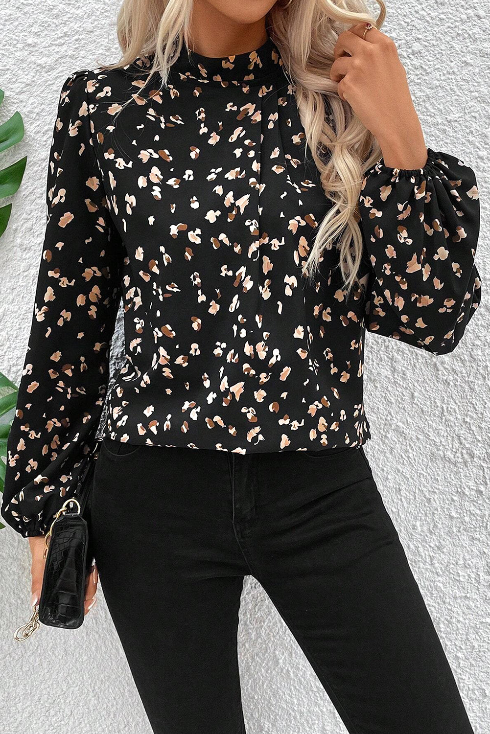 Black Leopard Print Puff Sleeve Mock Neck Pleated Blouse - Toi ‘n’ Moi Ltd