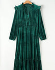 Blackish Green Velvet Frilled up Neck Ruffled High Waist Plus Size Midi Dress - Toi ‘n’ Moi Ltd
