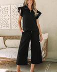 Black Textured Flutter Sleeve Top Wide Leg Pants Set - Toi ‘n’ Moi Ltd
