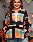Black Plus Size Checkered Print Sherpa Henley Sweatshirt - Toi ‘n’ Moi Ltd