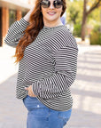 Black Stripe Drop Shoulder Puff Long Sleeve O Neck Plus Size T Shirt - Toi ‘n’ Moi Ltd