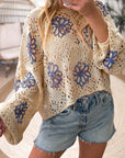 Beige Contrast Flower Print Eyelet Drop Shoulder Sweater - Toi ‘n’ Moi Ltd