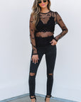 Black Bow Pattern Accent Mesh Long Sleeve Top - Toi ‘n’ Moi Ltd