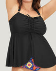 Black Drawstring Tied Front Flared Top Geometric Print Bottom Plus Size Tankinis - Toi ‘n’ Moi Ltd