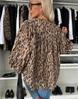 Light French Beige Oversized Leopard Print Balloon Sleeve Casual Shirt
