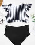 Black Stripe Plus Size Knot Cutout Ruffle Sleeve and High Waisted 2pcs Swimsuit - Toi ‘n’ Moi Ltd