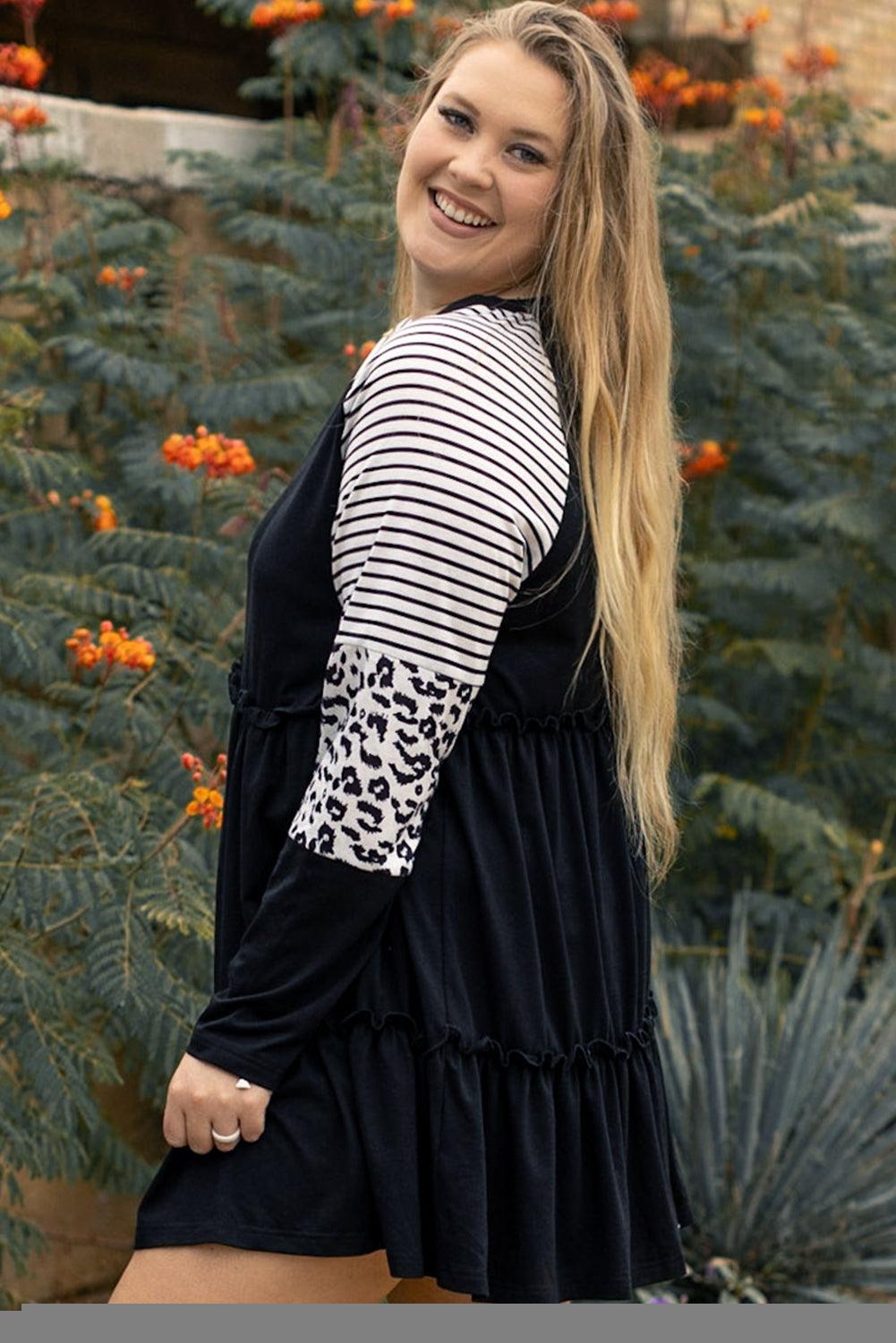 Black Plus Size Striped Leopard Patch Sleeve Ruffle Tiered Dress - Toi ‘n’ Moi Ltd