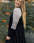 Black Plus Size Striped Leopard Patch Sleeve Ruffle Tiered Dress - Toi ‘n’ Moi Ltd