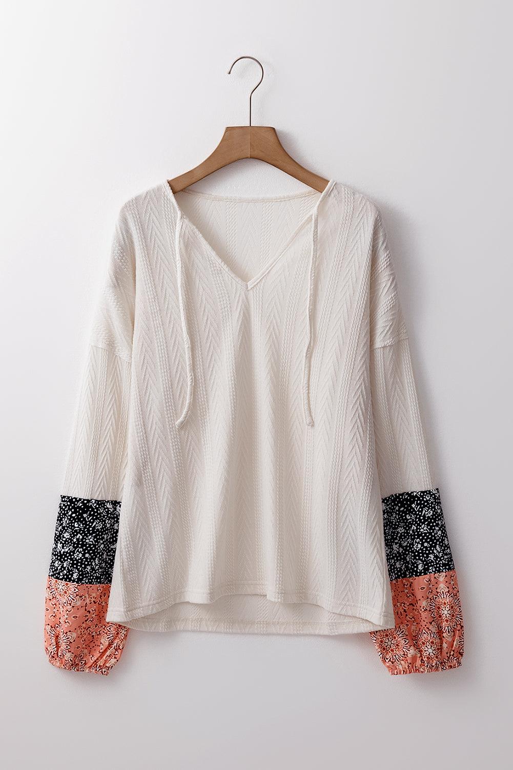 Beige Floral Patchwork Textured Knit Drawstring V Neck Blouse - Toi ‘n’ Moi Ltd