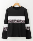 White Leopard Colorblock Patchwork Crew Neck Long Sleeve Tee