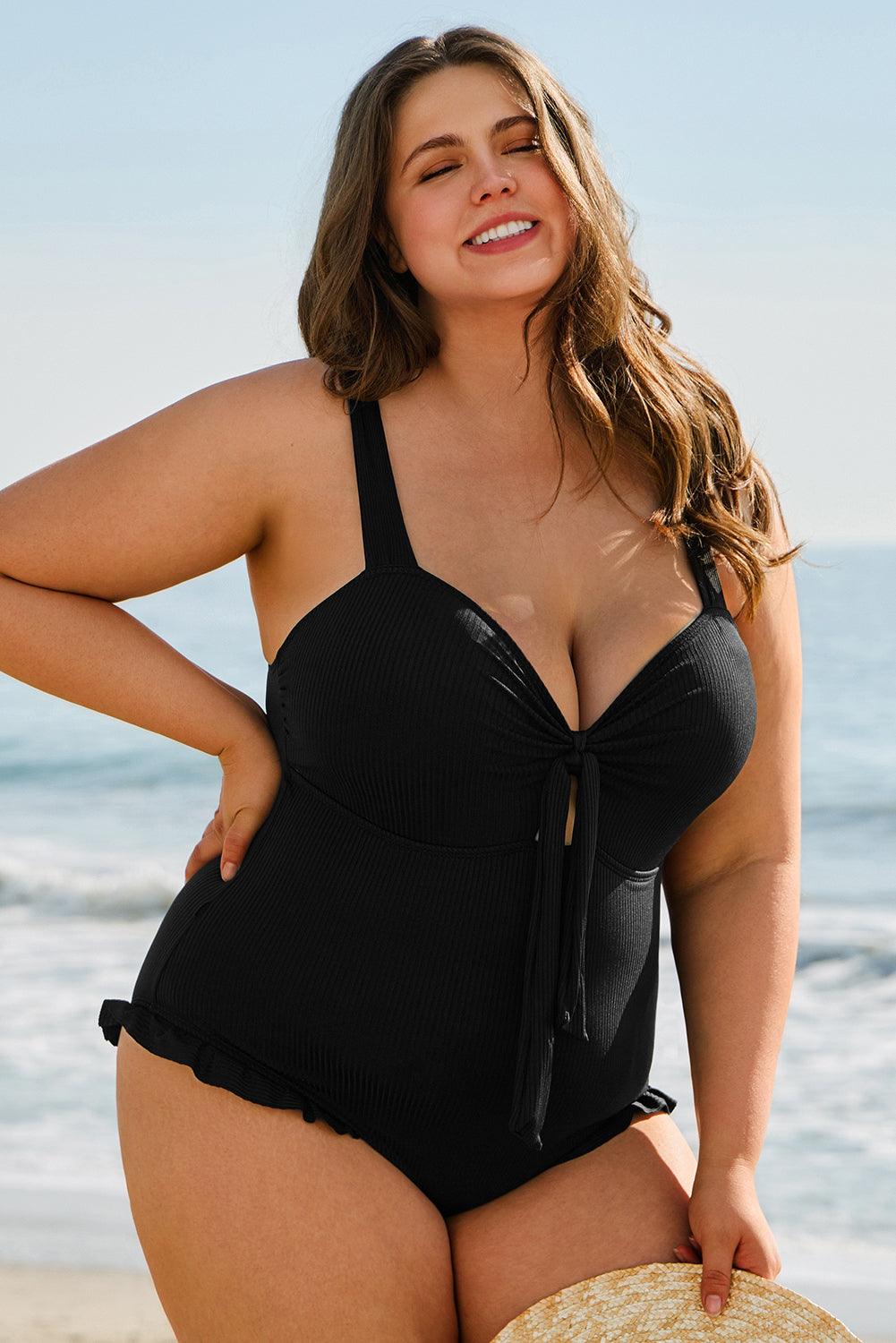 Black Plus Size Textured Knotted Ruffled Trim One Piece Swimwear - Toi ‘n’ Moi Ltd