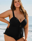 Black Plus Size Textured Knotted Ruffled Trim One Piece Swimwear - Toi ‘n’ Moi Ltd