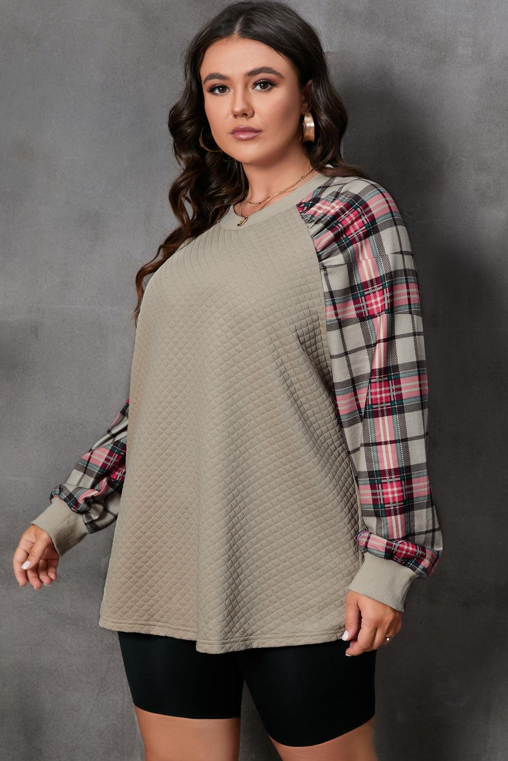 Apricot Plus Size Plaid Raglan Sleeve Crew Neck Sweatshirt - Toi ‘n’ Moi Ltd