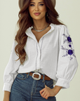 White Floral Embroidered Bracelet Sleeve Shirt