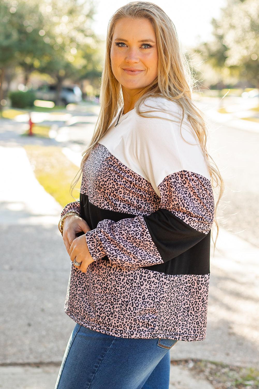 Black Leopard Print Colorblock V Neck Long Sleeve Plus Size Top - Toi ‘n’ Moi Ltd