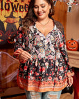 Black Plus Size Paisley Floral Print V Neck Bubble Sleeve Blouse - Toi ‘n’ Moi Ltd