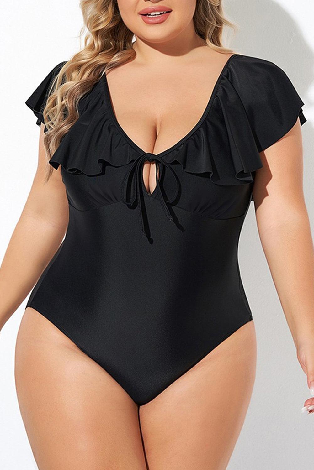 Black Ruffled Sleeve Lace-up V Neck Plus Size One Piece Swimsuit - Toi ‘n’ Moi Ltd