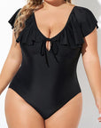 Black Ruffled Sleeve Lace-up V Neck Plus Size One Piece Swimsuit - Toi ‘n’ Moi Ltd