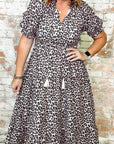 Brown Leopard Tassel Tied Neck Short Sleeve Plus Size Dress - Toi ‘n’ Moi Ltd