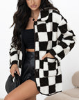 Black Checkered Side Pockets Collared Buttoned Fleece Jacket - Toi ‘n’ Moi Ltd