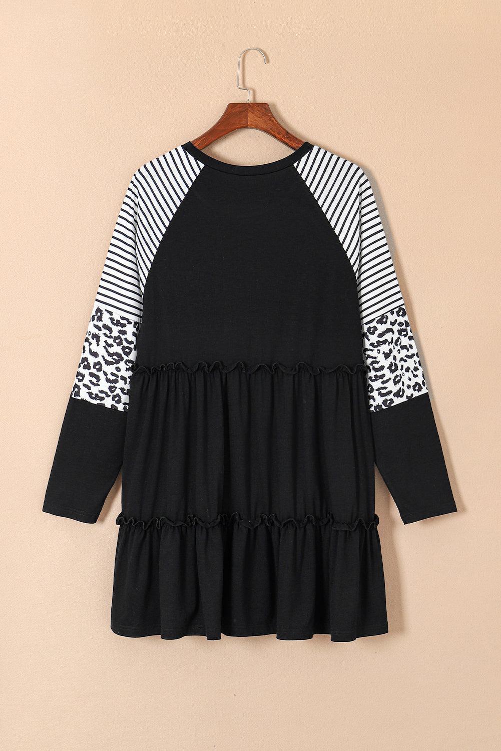 Black Plus Size Striped Leopard Patch Sleeve Ruffle Tiered Dress - Toi ‘n’ Moi Ltd