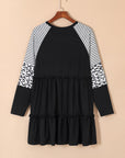 Black Plus Size Striped Leopard Patch Sleeve Ruffle Tiered Dress - Toi ‘n’ Moi Ltd