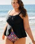 Black Drawstring Tied Front Flared Top Geometric Print Bottom Plus Size Tankinis - Toi ‘n’ Moi Ltd