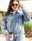 Beau Blue Leopard Patchwork Flap Detail Plus Size Denim Jacket - Toi ‘n’ Moi Ltd