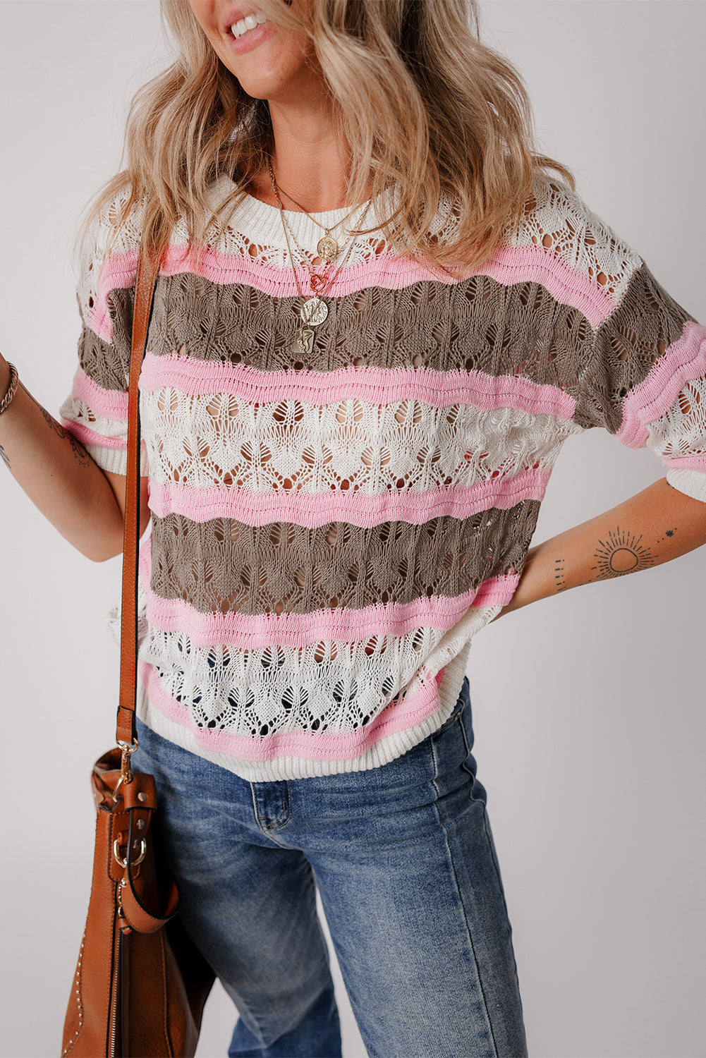 Brown Stripe Color Block Hollow Out Crochet Half Sleeve Sweater - Toi ‘n’ Moi Ltd