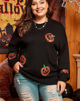 Black Plus Size Halloween Sequined Pumpkin Pattern Sweater - Toi ‘n’ Moi Ltd