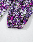 Purple Boho Flower Split V Neck Bubble Sleeve Blouse