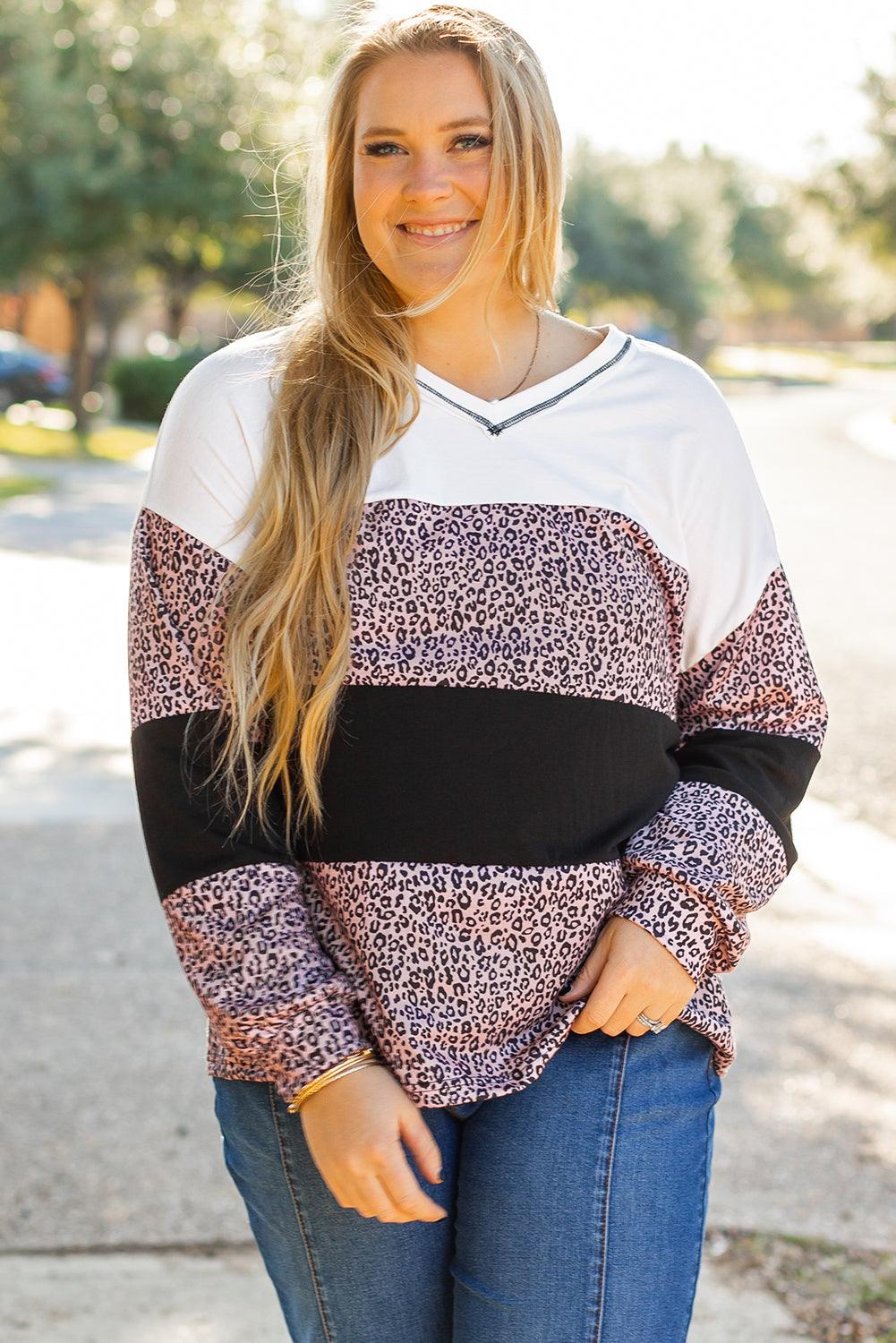 Black Leopard Print Colorblock V Neck Long Sleeve Plus Size Top - Toi ‘n’ Moi Ltd