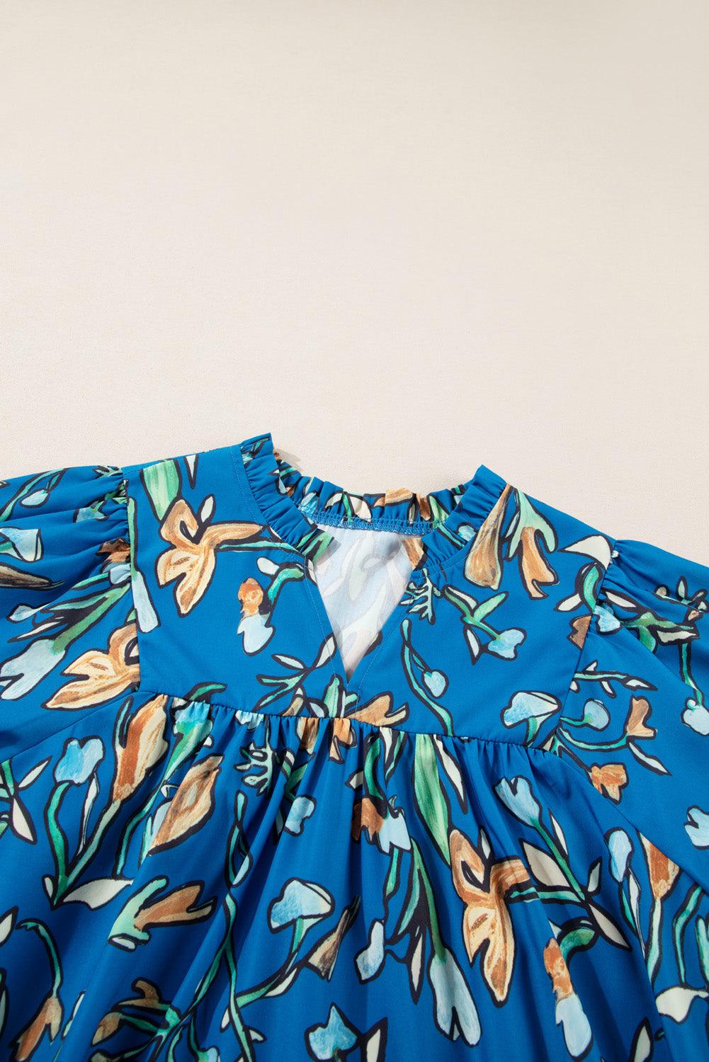 Blue Floral Notched V Neck Half Sleeve Plus Size Blouse - Toi ‘n’ Moi Ltd