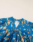 Blue Floral Notched V Neck Half Sleeve Plus Size Blouse - Toi ‘n’ Moi Ltd