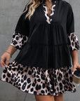 Black Leopard Patchwork Split Neck Ruffle Curvy Dress - Toi ‘n’ Moi Ltd