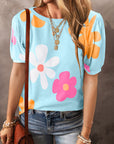 T-shirt à manches bouffantes et imprimé fleuri bleu ciel