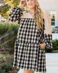 Black Plaid Waffle Knit Patchwork Collared V Neck Plus Size Mini Dress - Toi ‘n’ Moi Ltd