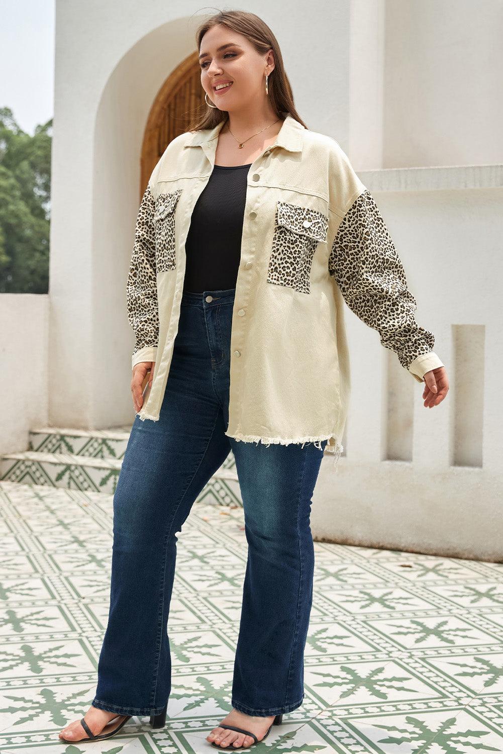 Apricot Plus Size Leopard Sleeve Raw Hem Denim Jacket - Toi ‘n’ Moi Ltd