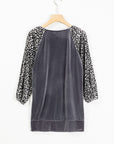 Medium Grey Leopard Splicing Lantern Sleeve Velvet Blouse