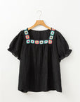 Black Floral Crochet Square Neck Ruffled Short Sleeve Flowy Plus Size Top - Toi ‘n’ Moi Ltd